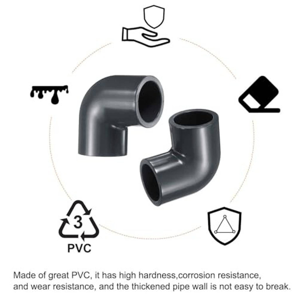 2-pack dark gray 90-degree PVC elbow corner fittings shown with PVC recycle icons