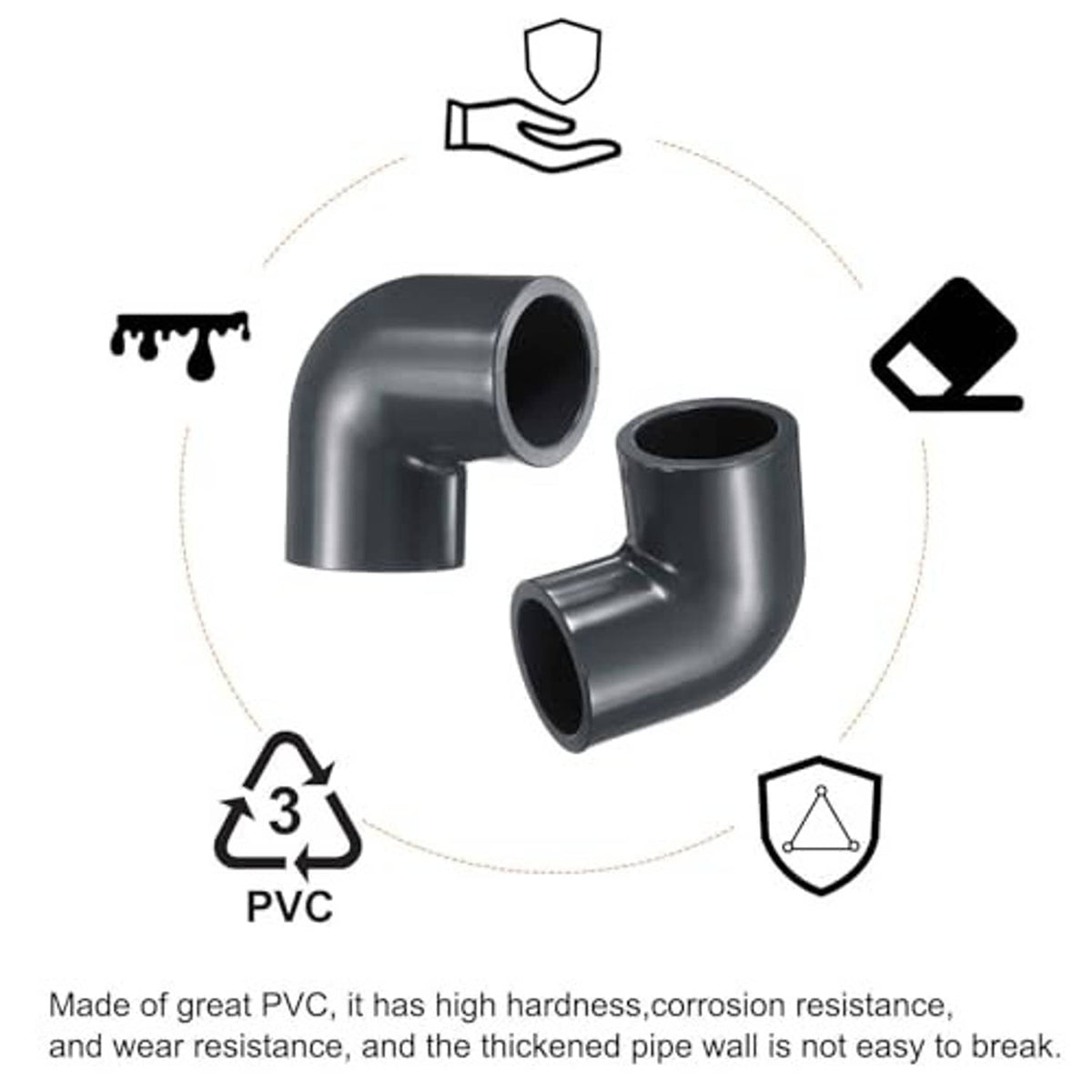 2-pack dark gray 90-degree PVC elbow corner fittings shown with PVC recycle icons