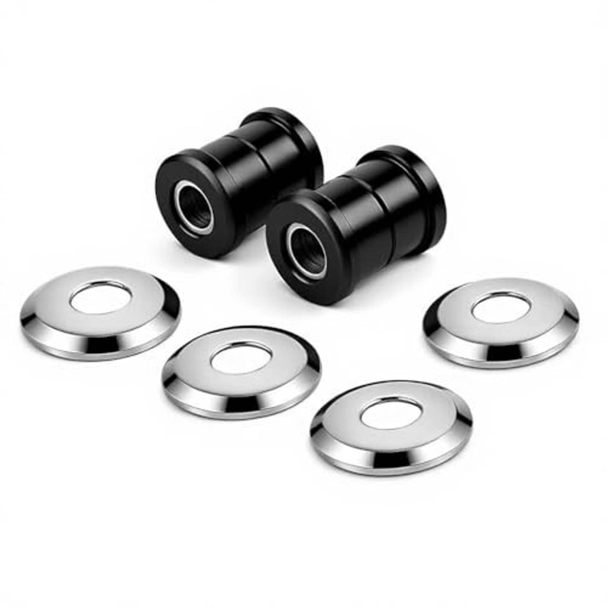 Motorcycle handlebar riser bushings kit with black dampers and chrome washer plates.