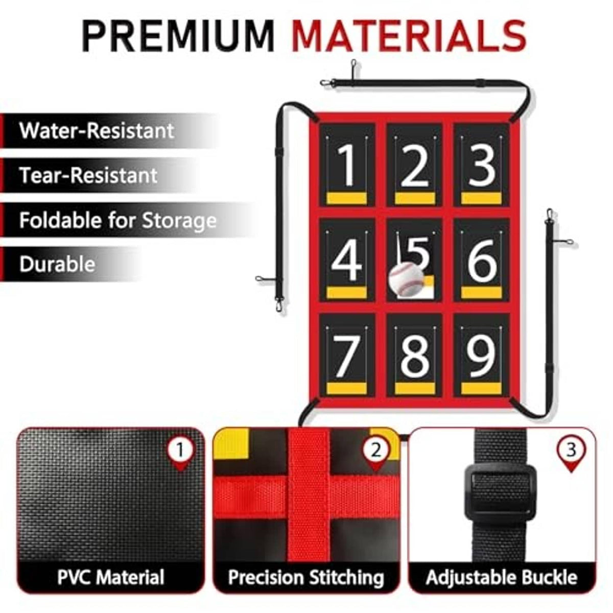 Numbered strike zone target board with red frame and labeled premium materials