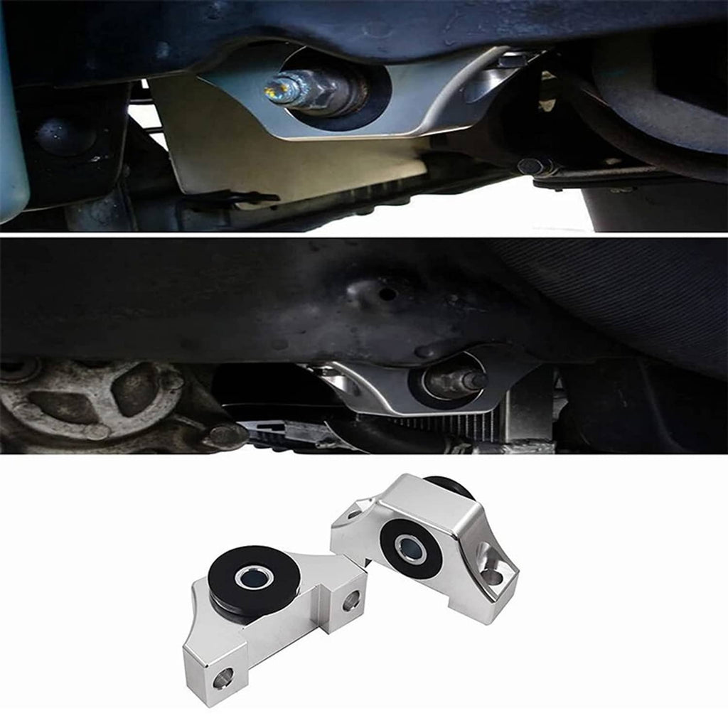 Engine bay with installed motor mount and black rubber bushing, underside view