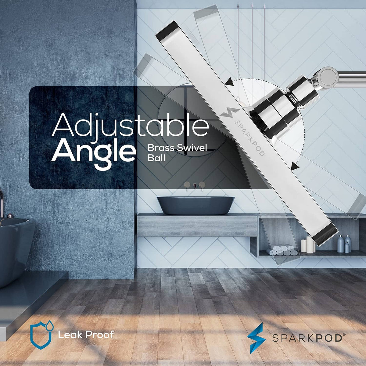 Square adjustable-angle polished chrome rain shower head with brass swivel ball