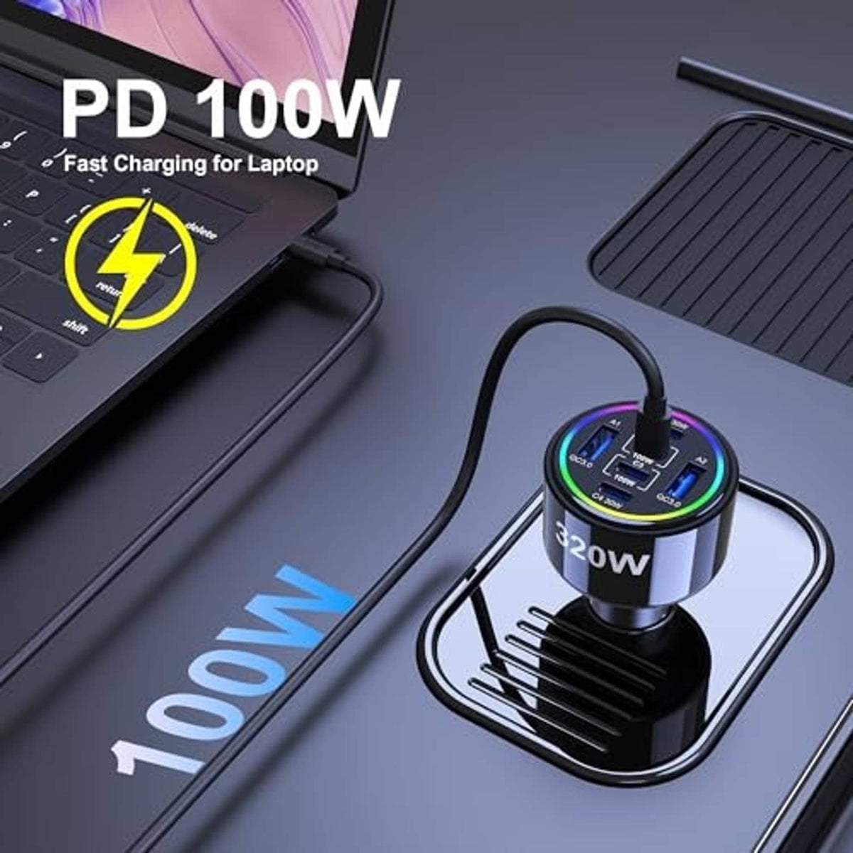 Black 320W USB-C car charger with cable connected and glowing port ring