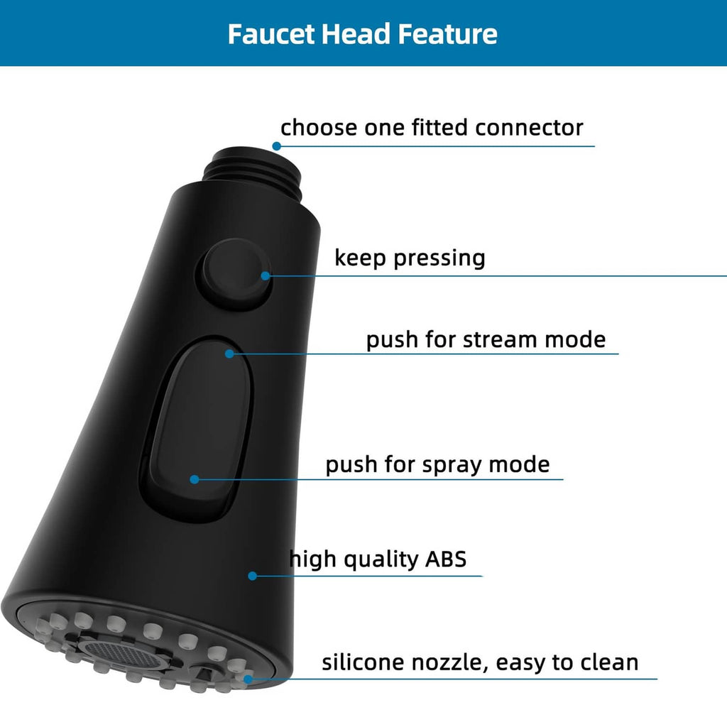 Matte black faucet sprayer head with silicone nozzle ring and two control buttons