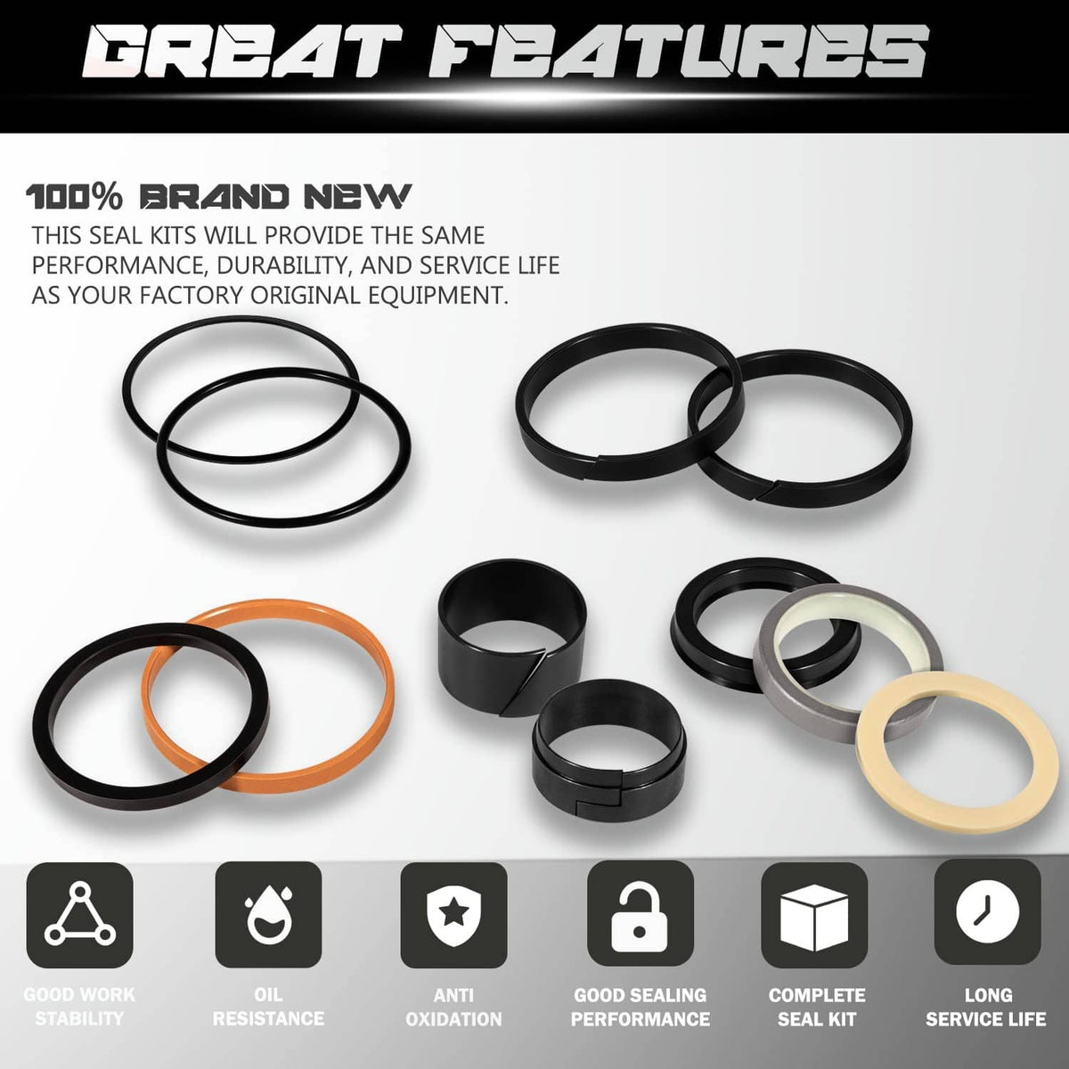 Hydraulic cylinder seal kit with multiple black and orange O-rings and sleeves