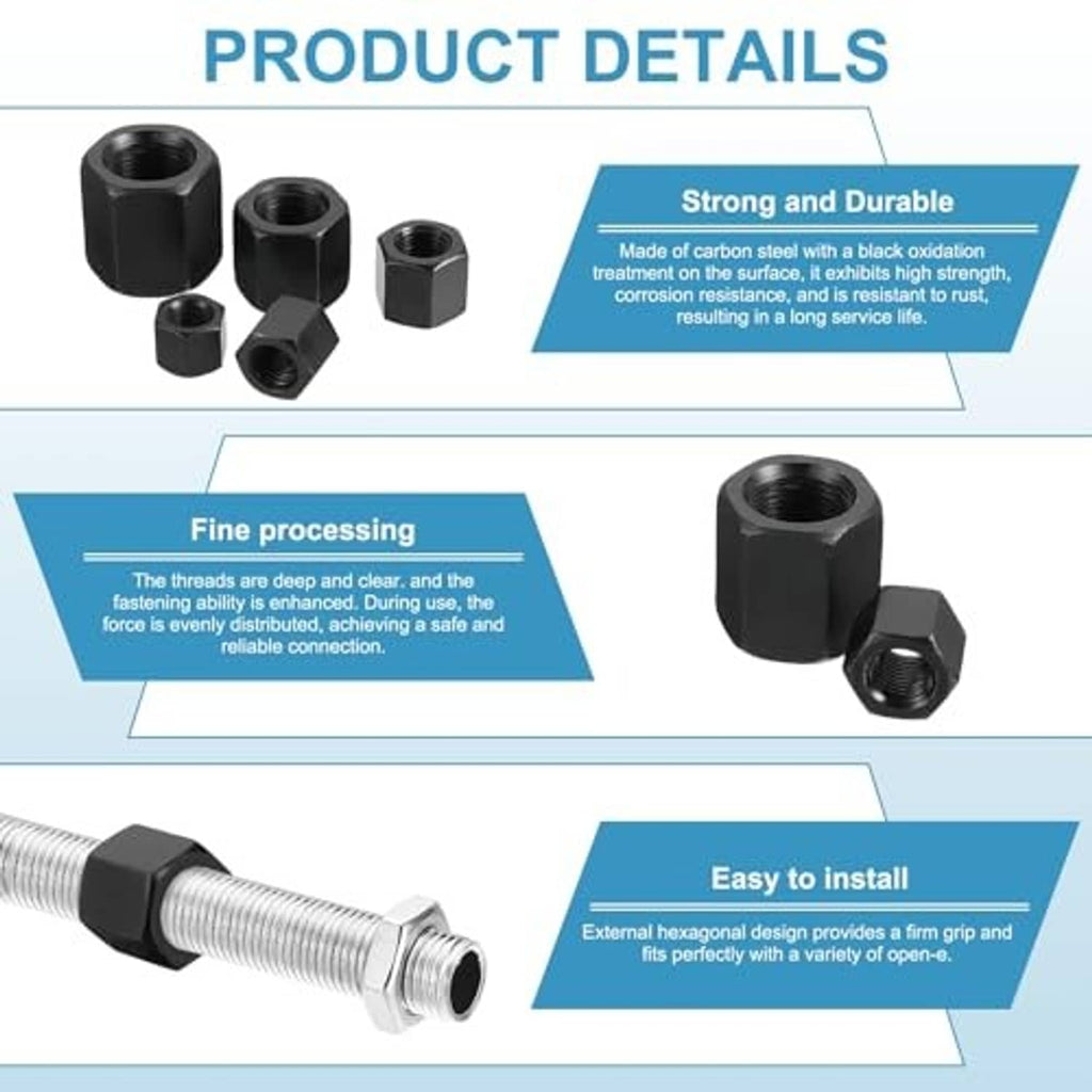 Set of black hex coupling nuts with internal threads and hex outer heads