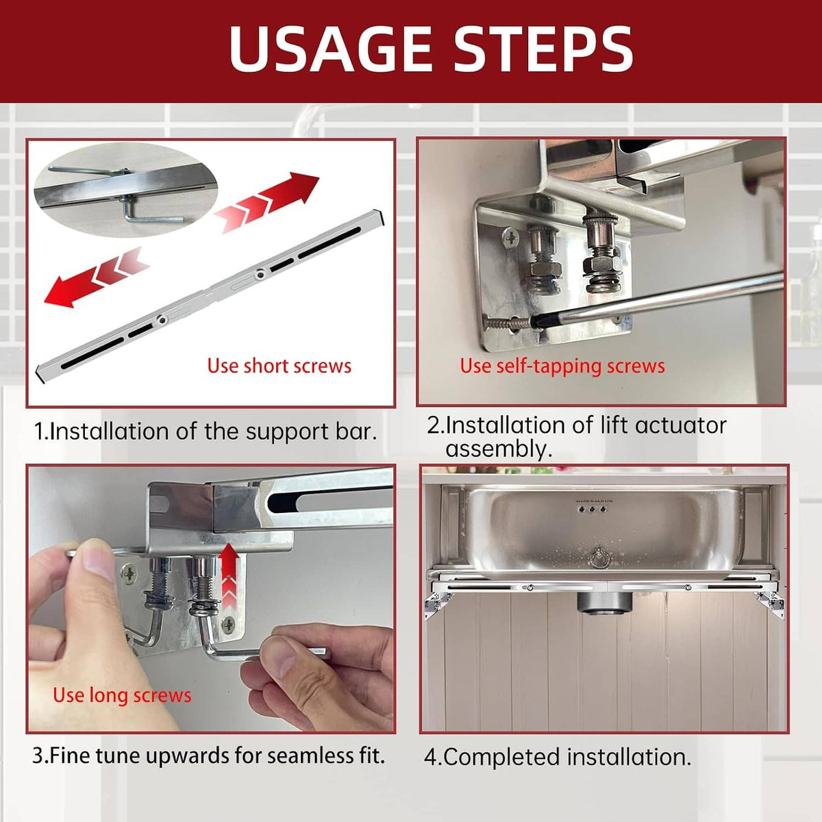 Undermount sink support installation steps showing actuator and bracket hardware