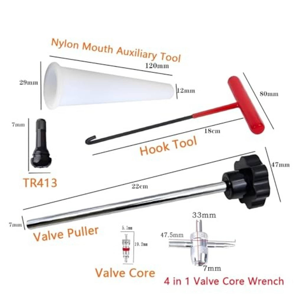 4-in-1 tire valve core wrench kit with red hook, white nylon tube, and black tools