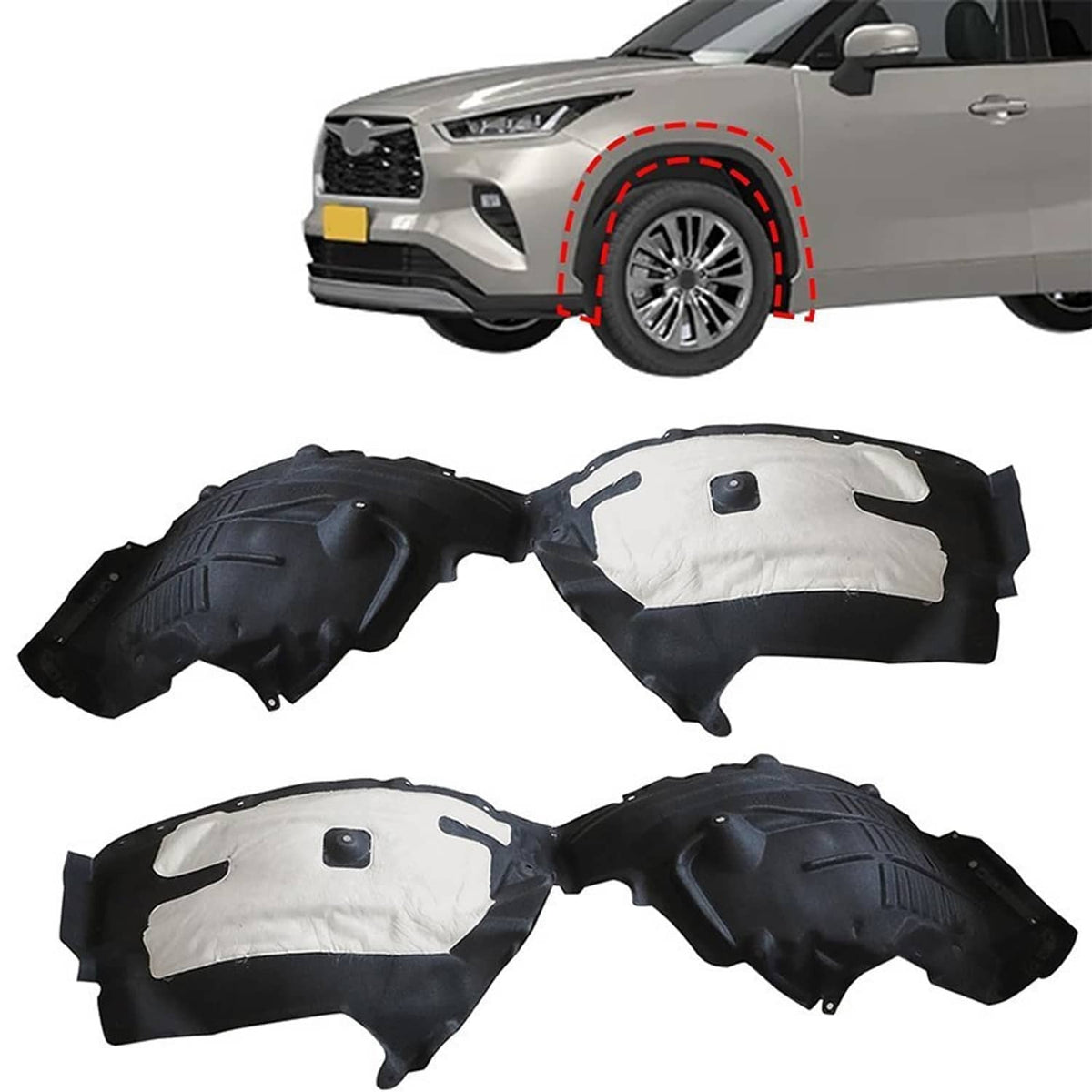 Front fender liner set with black plastic and white sound-deadening foam pads, 4-piece