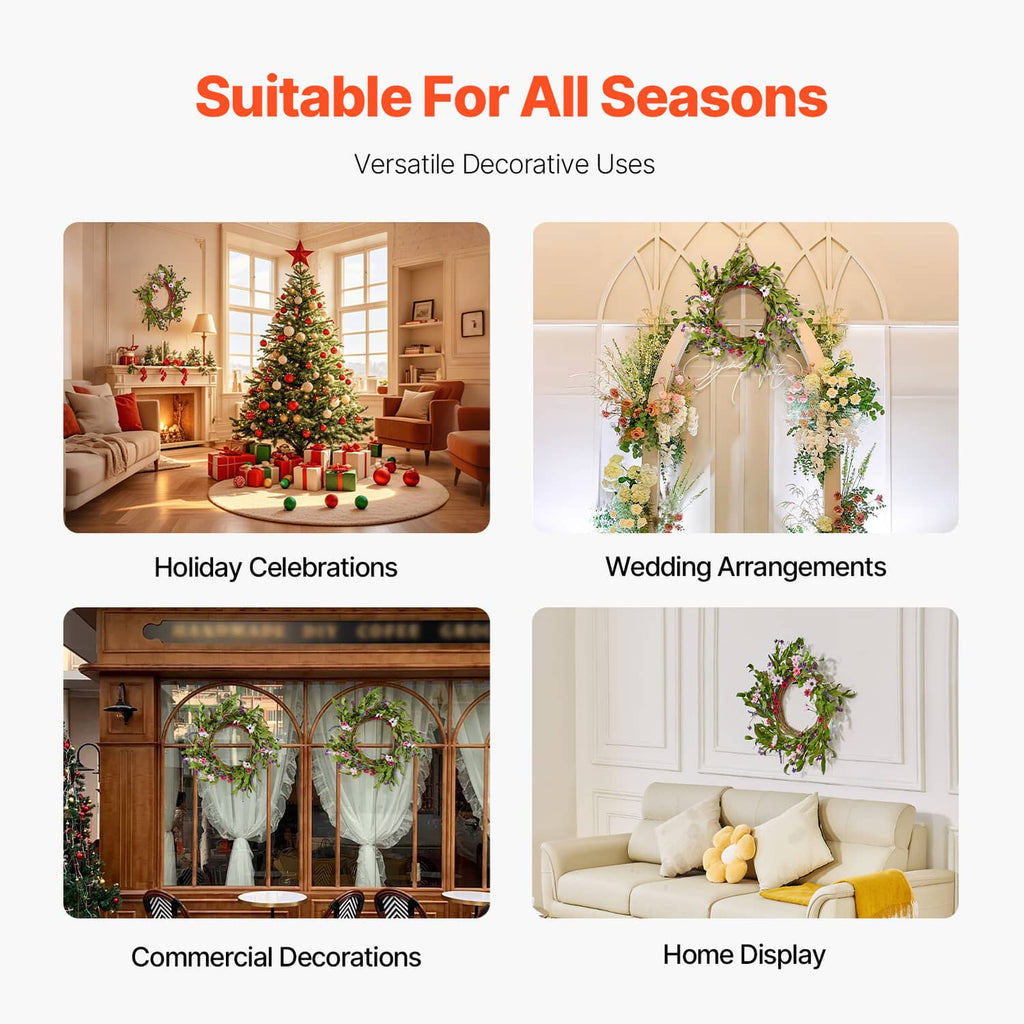 Artificial wreath with layered flowers and green foliage for seasonal display