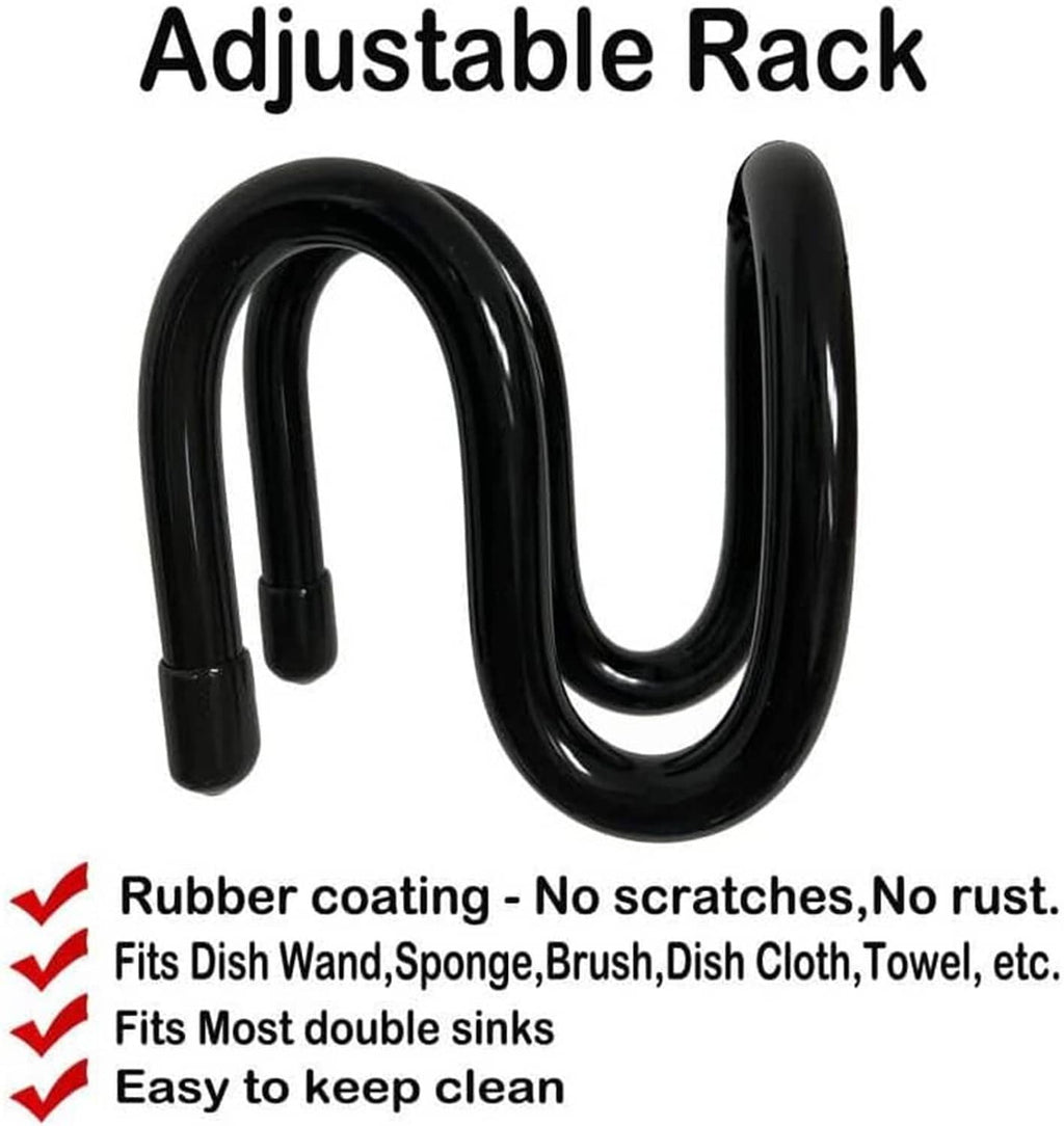 Adjustable dish wand holder hooks, black rubber-coated rack for sink caddies