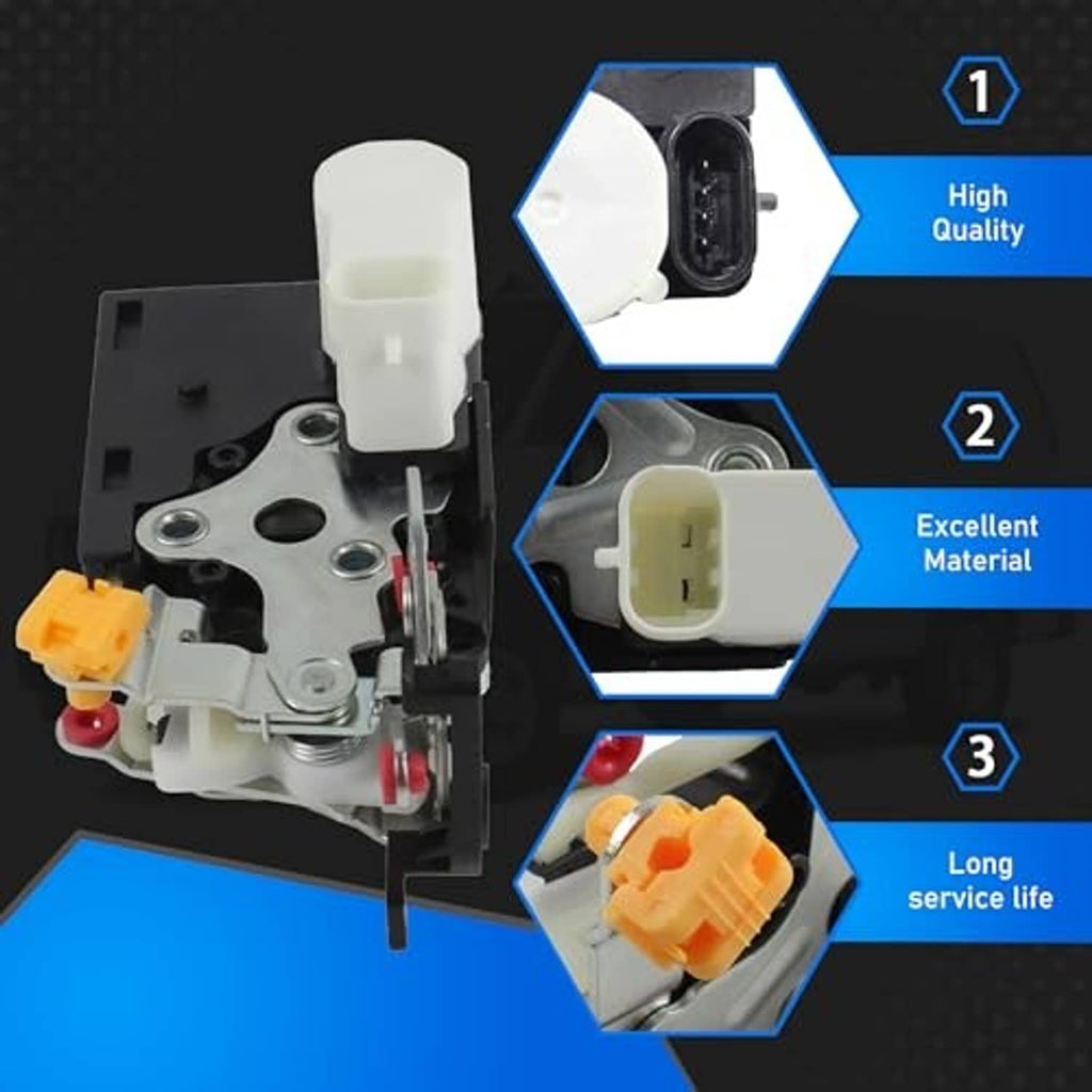 Door latch lock actuator detail: white connector block and yellow switch on black base