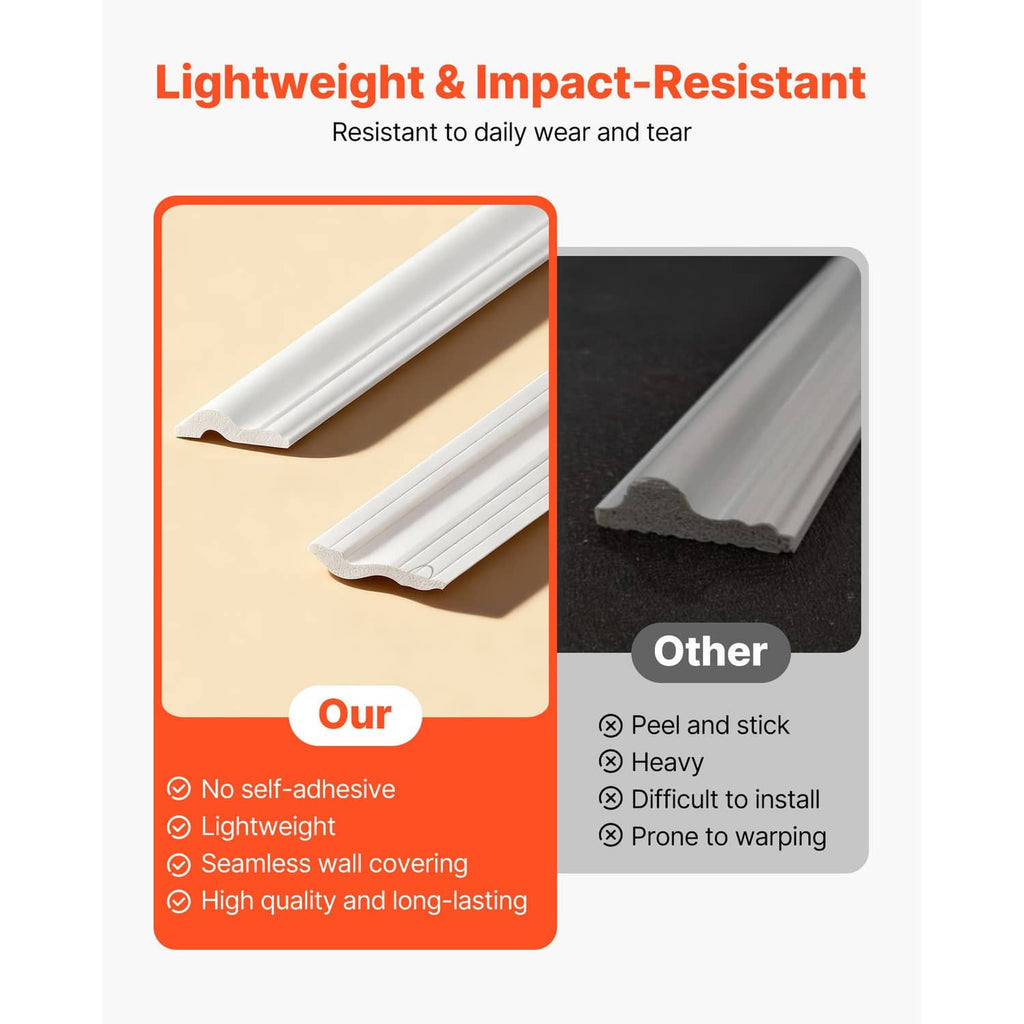 White wall molding trim strip profile, lightweight and impact-resistant design