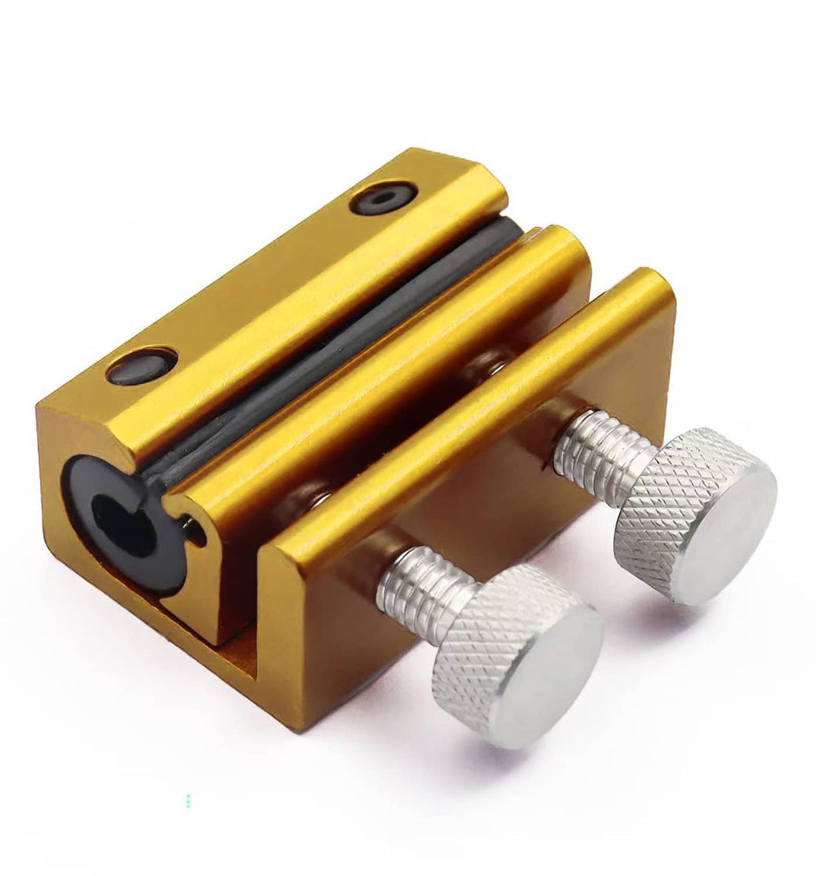 Gold cable lubrication tool with two knurled threaded knobs and black circular pads.