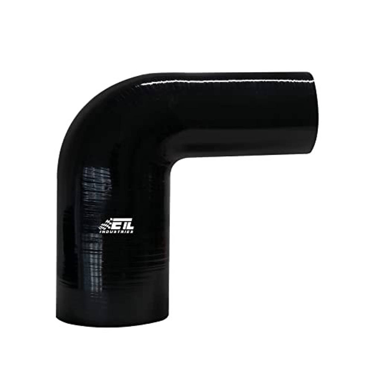 Black 90-degree silicone reducer hose elbow, 2.75 in to 3 in ID, smooth 90° bend