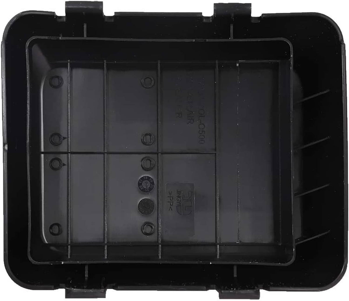 Black air cleaner cover base with molded compartments and mounting tabs