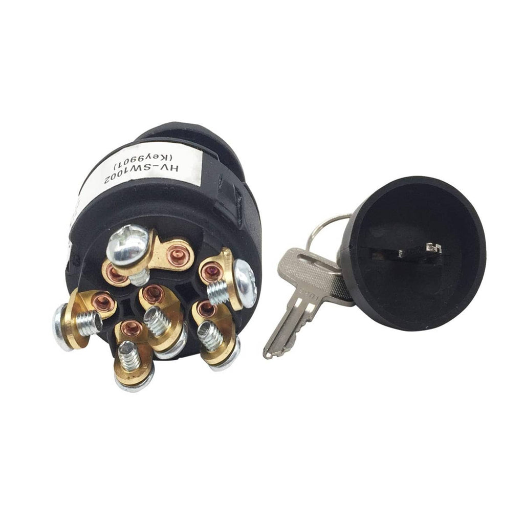 Ignition switch with keys, black housing and exposed electrical terminals