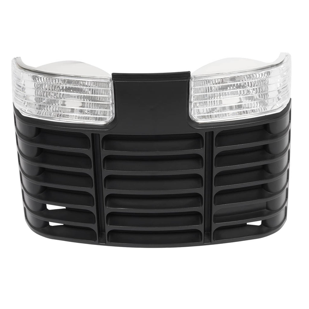 Black ABS grille with curved design, two clear rectangular headlight lenses, and vent bars