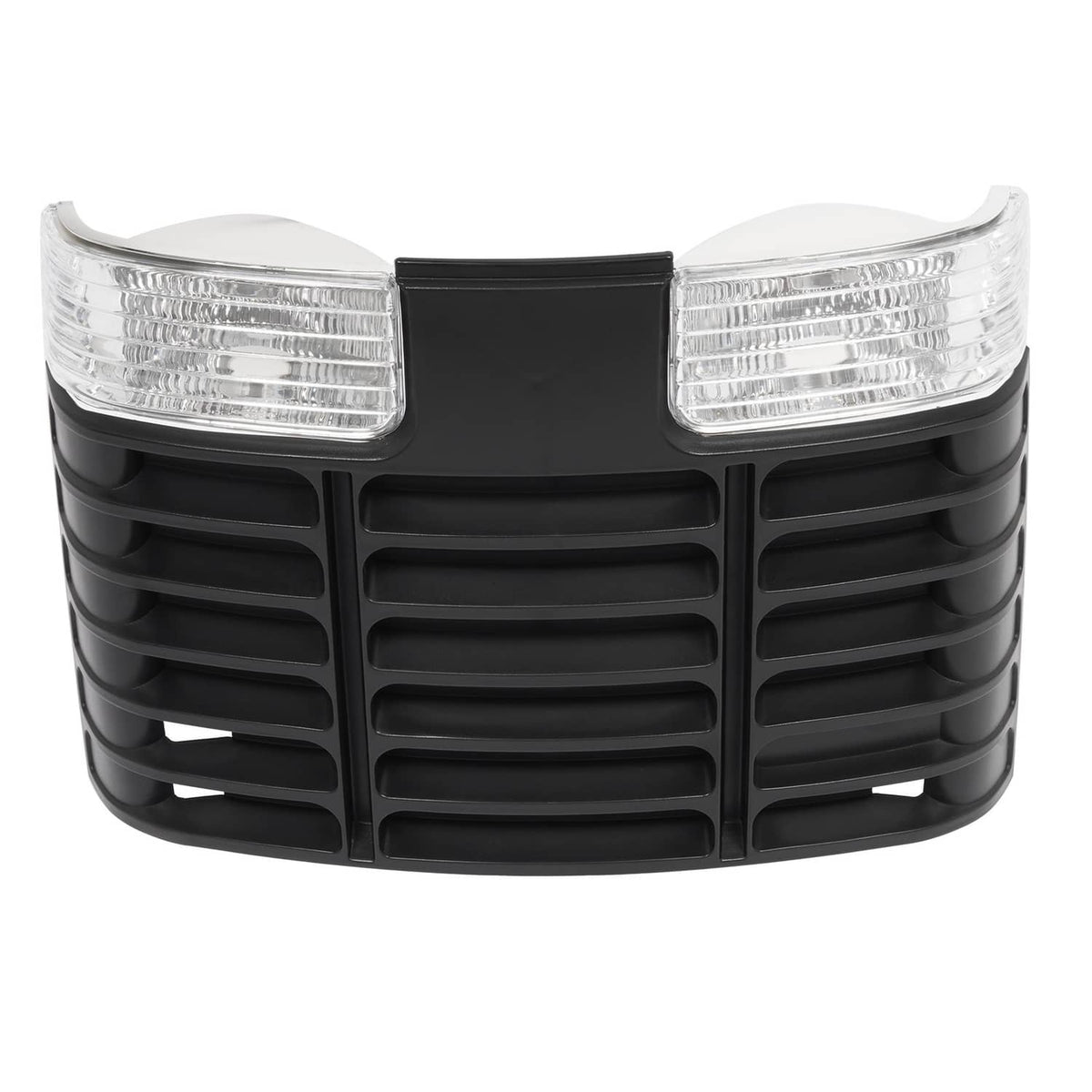 Black ABS grille with curved design, two clear rectangular headlight lenses, and vent bars
