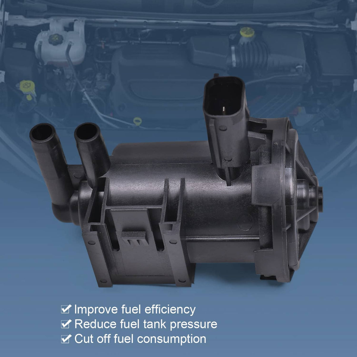 Black vapor canister purge solenoid valve with multiple hose connections shown mounted