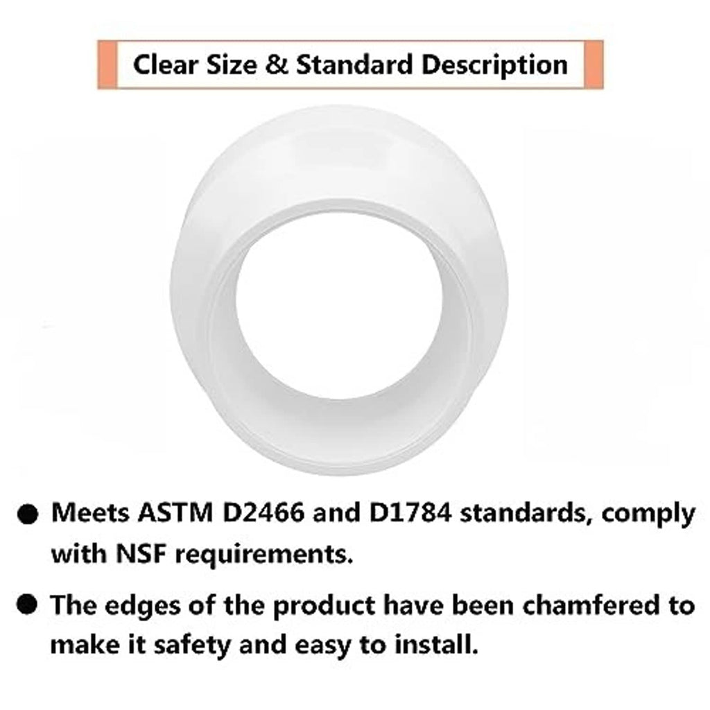 White PVC DWV reducer coupling sleeve with flared socket ends and chamfered edges