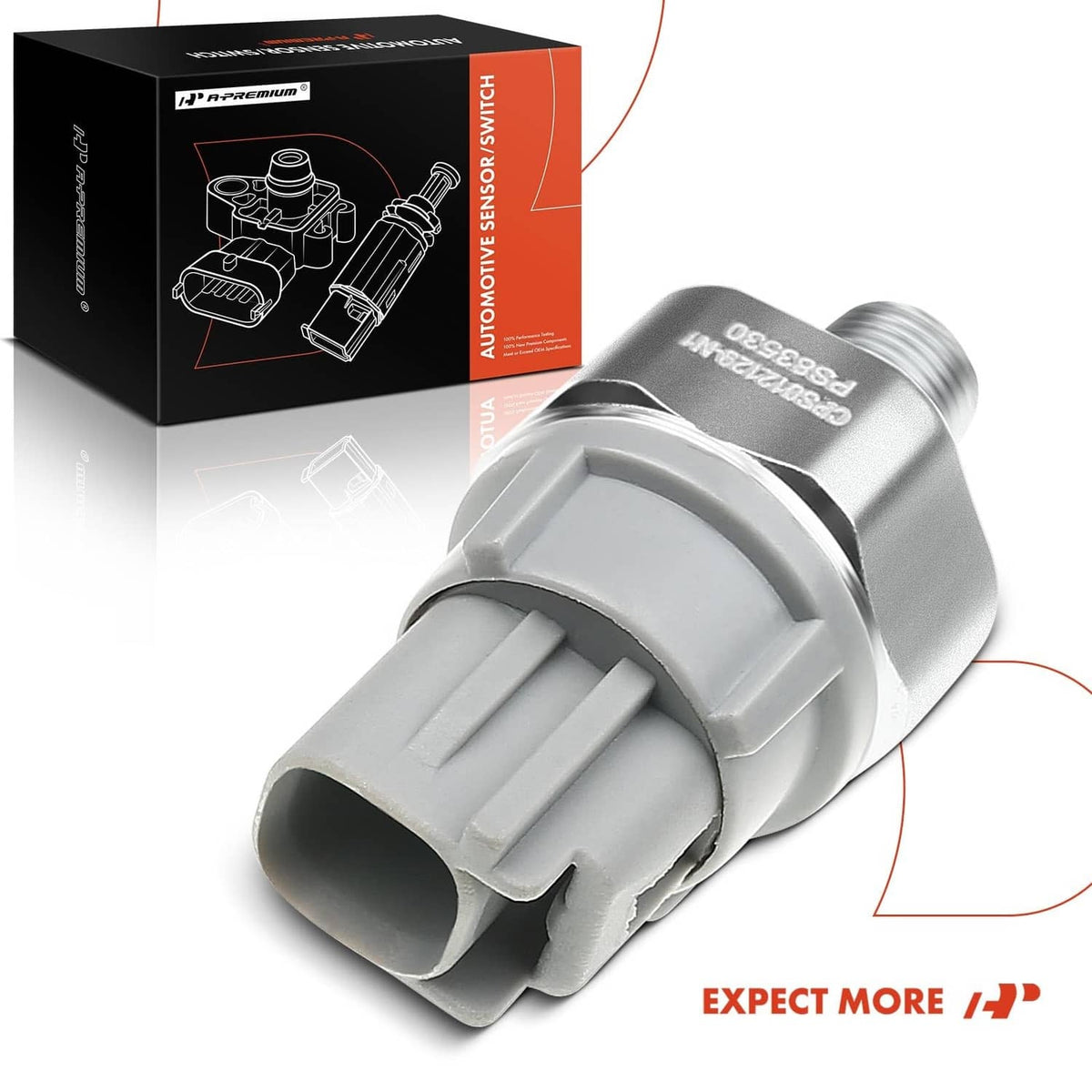 Engine oil pressure sender switch with gray plug and metal threaded end, shown with box