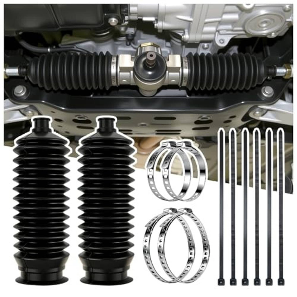 2-piece black ribbed inner tie rod boot set with clamp bands and included fasteners