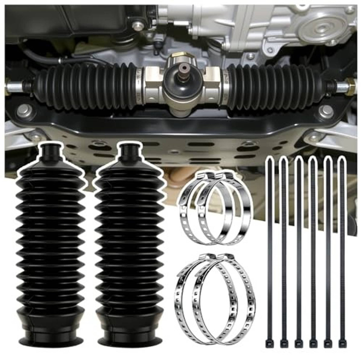 2-piece black ribbed inner tie rod boot set with clamp bands and included fasteners