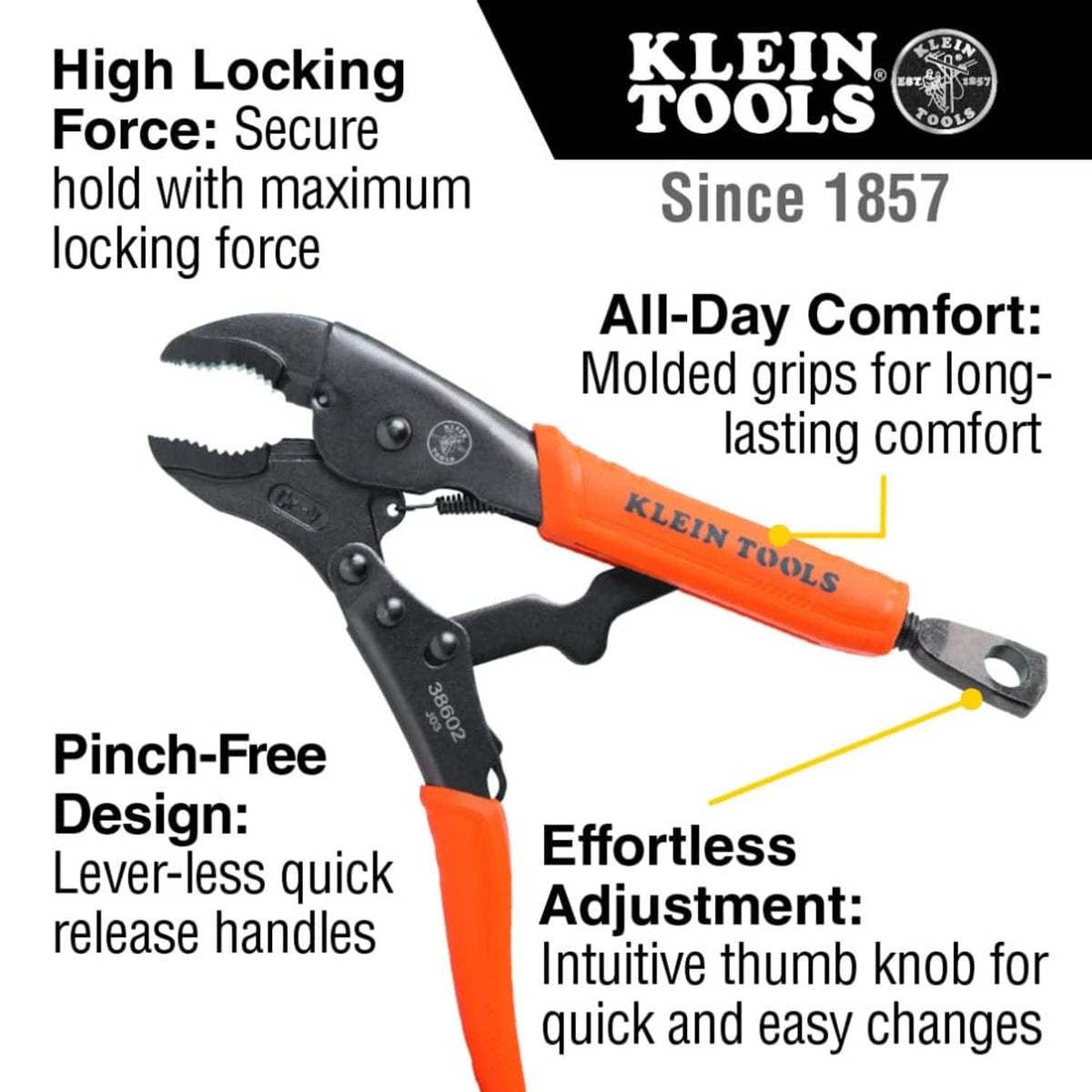 Klein Tools locking pliers with orange handles and black serrated locking jaws