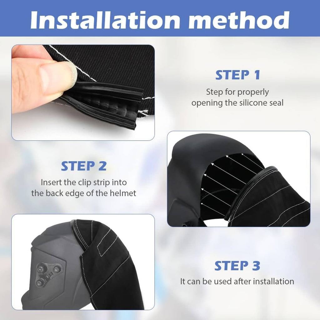 Black welding helmet cover showing extended flap for press-fit installation