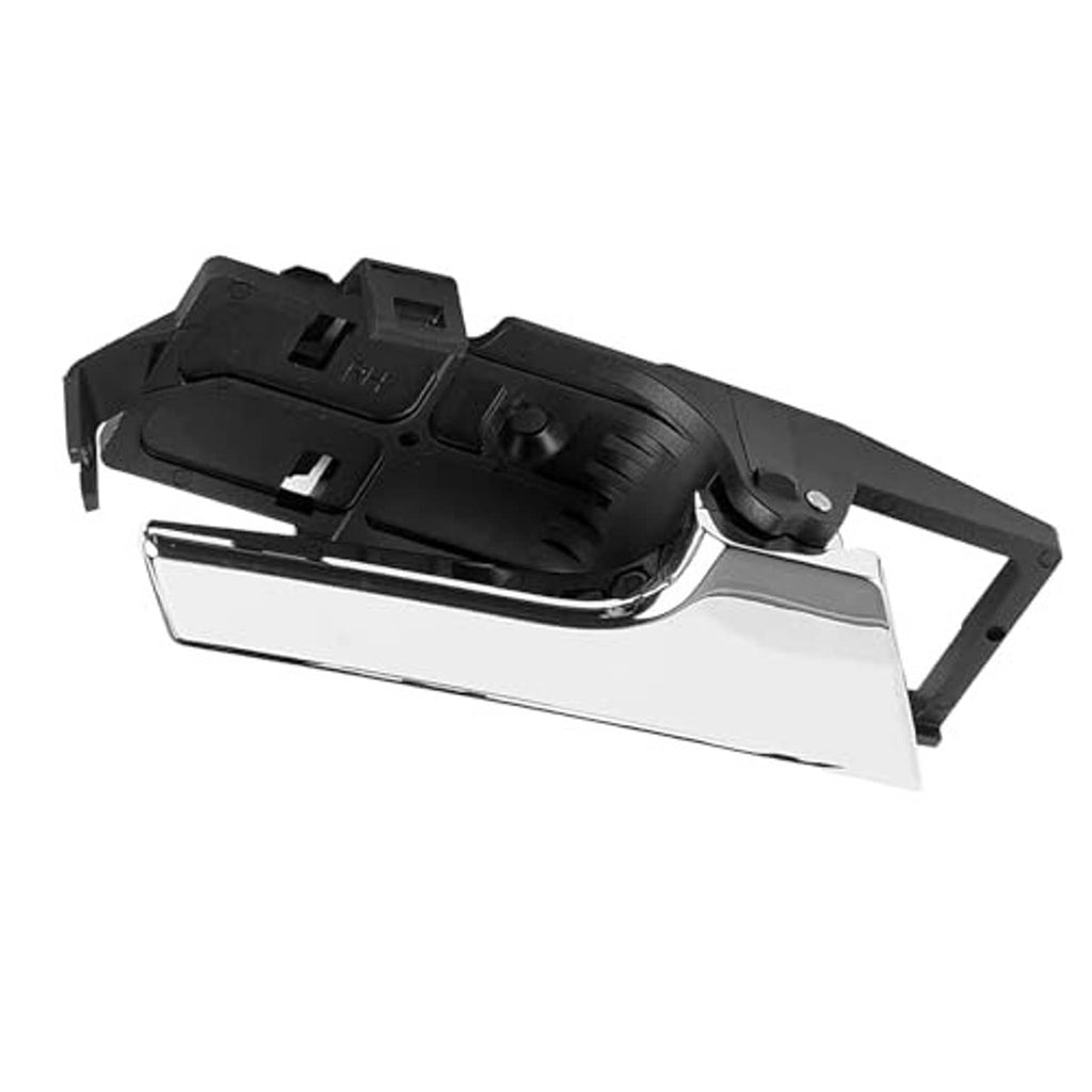 Interior door handle with chrome lever and black frame, top angled view
