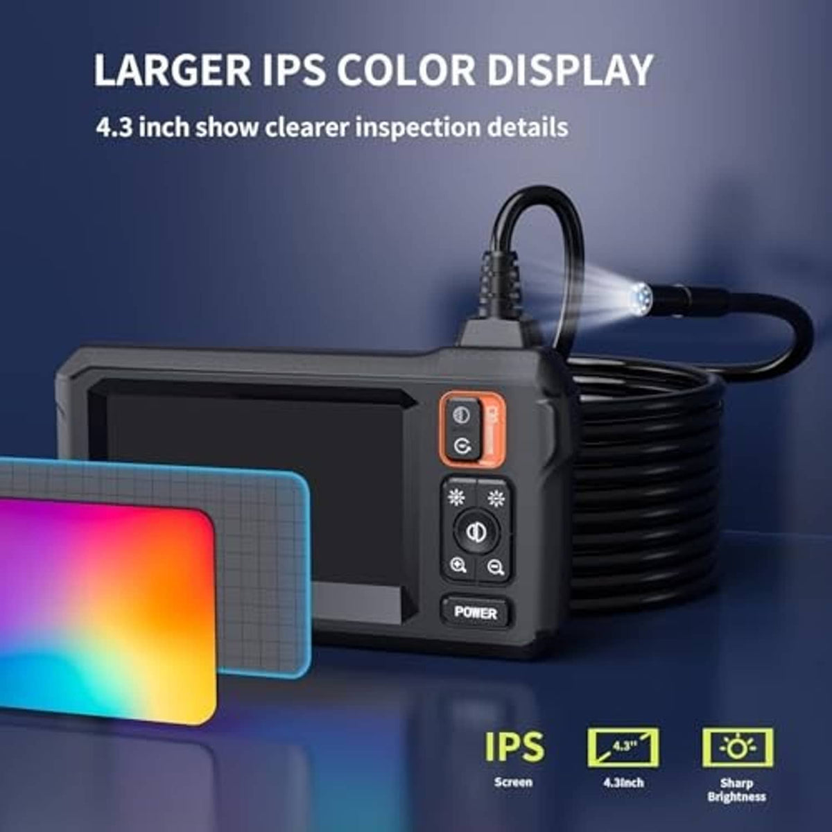 Handheld endoscope camera with long flexible cable and large color display screen