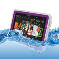 Purple waterproof tablet case with clear front window and gray bezel