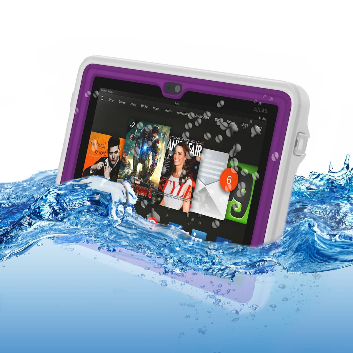 Purple waterproof tablet case with clear front window and gray bezel