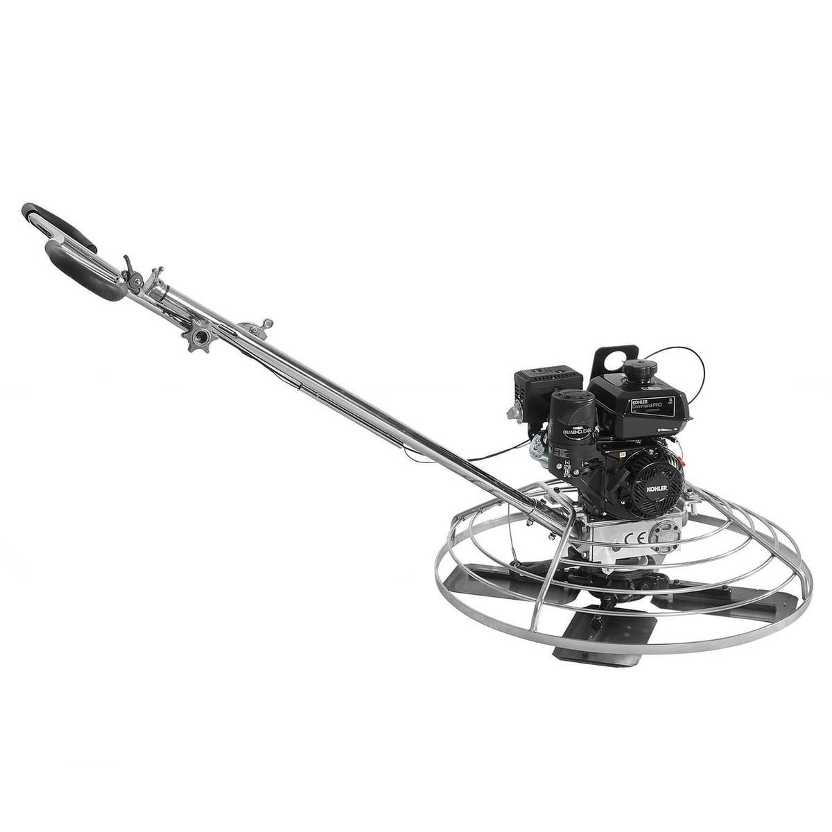 Gas-powered cement trowel with long handle, circular floating disc and engine housing