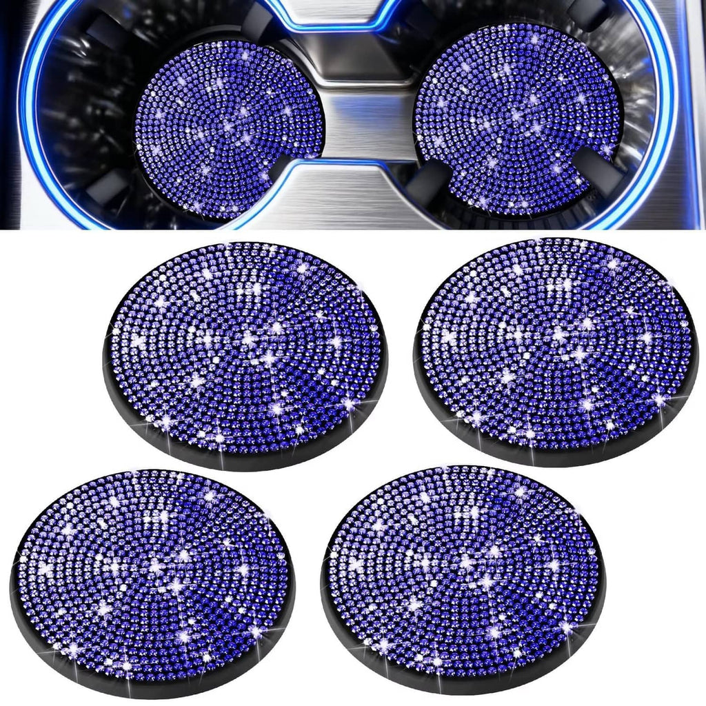 Set of 4 blue rhinestone cup holder coasters, round with black edge