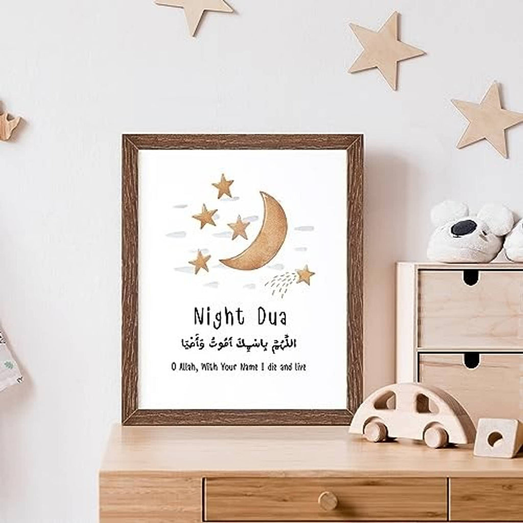Walnut-brown solid oak picture frame holding a night theme print with moon and stars