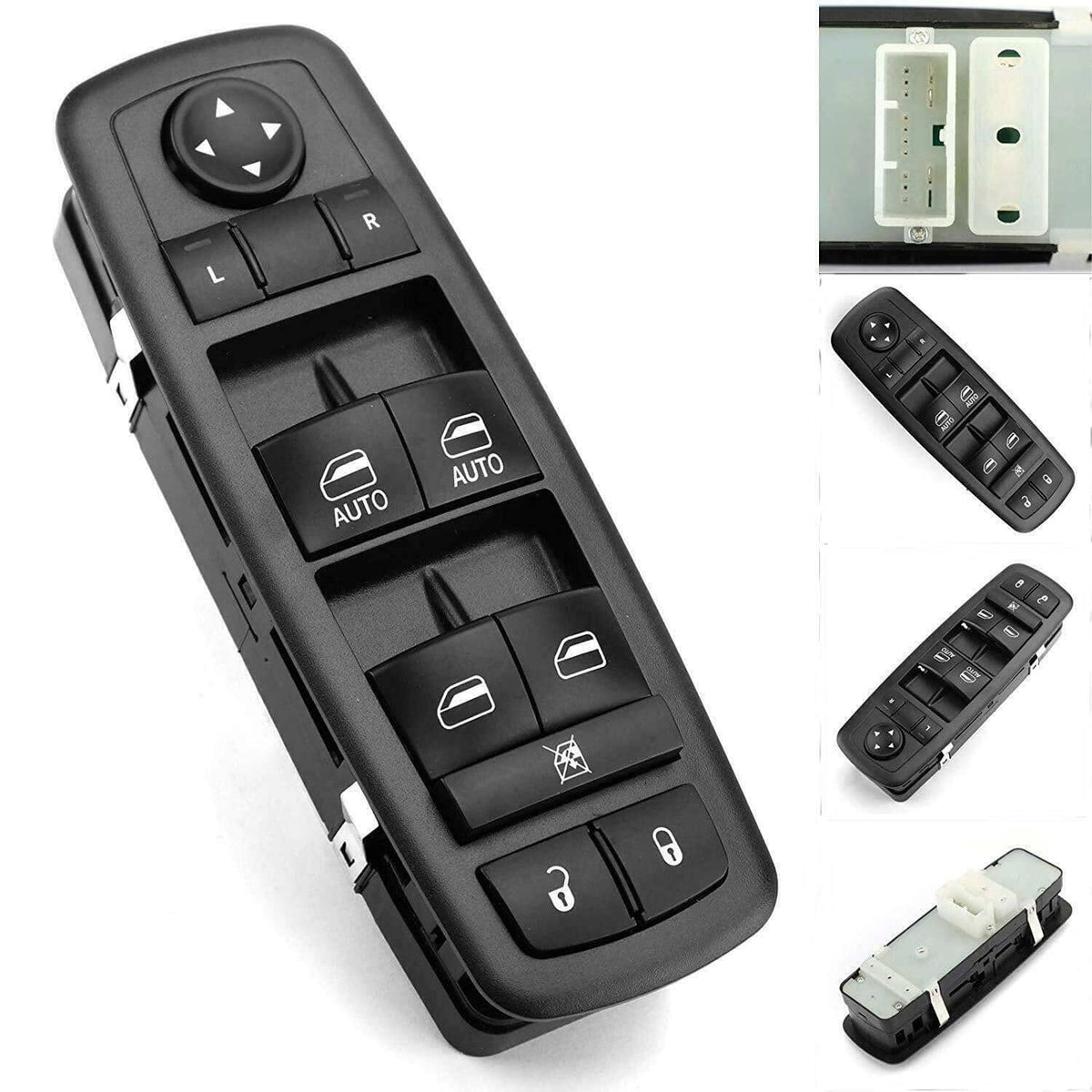 Black power window master control switch with window controls and connector housing