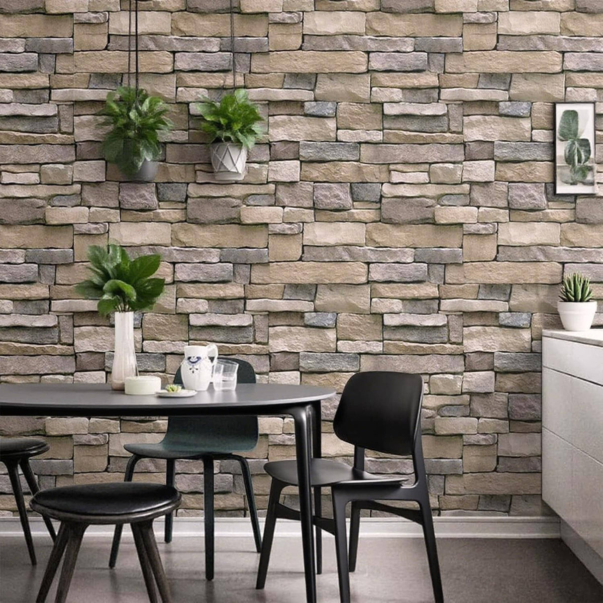 Stone brick peel-and-stick wallpaper with cool gray and beige stacked blocks