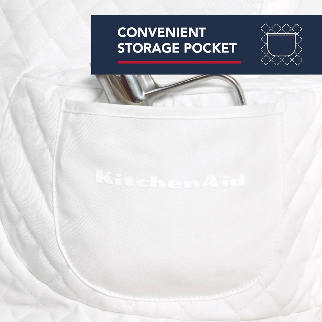 White quilted stand mixer cover with front storage pocket