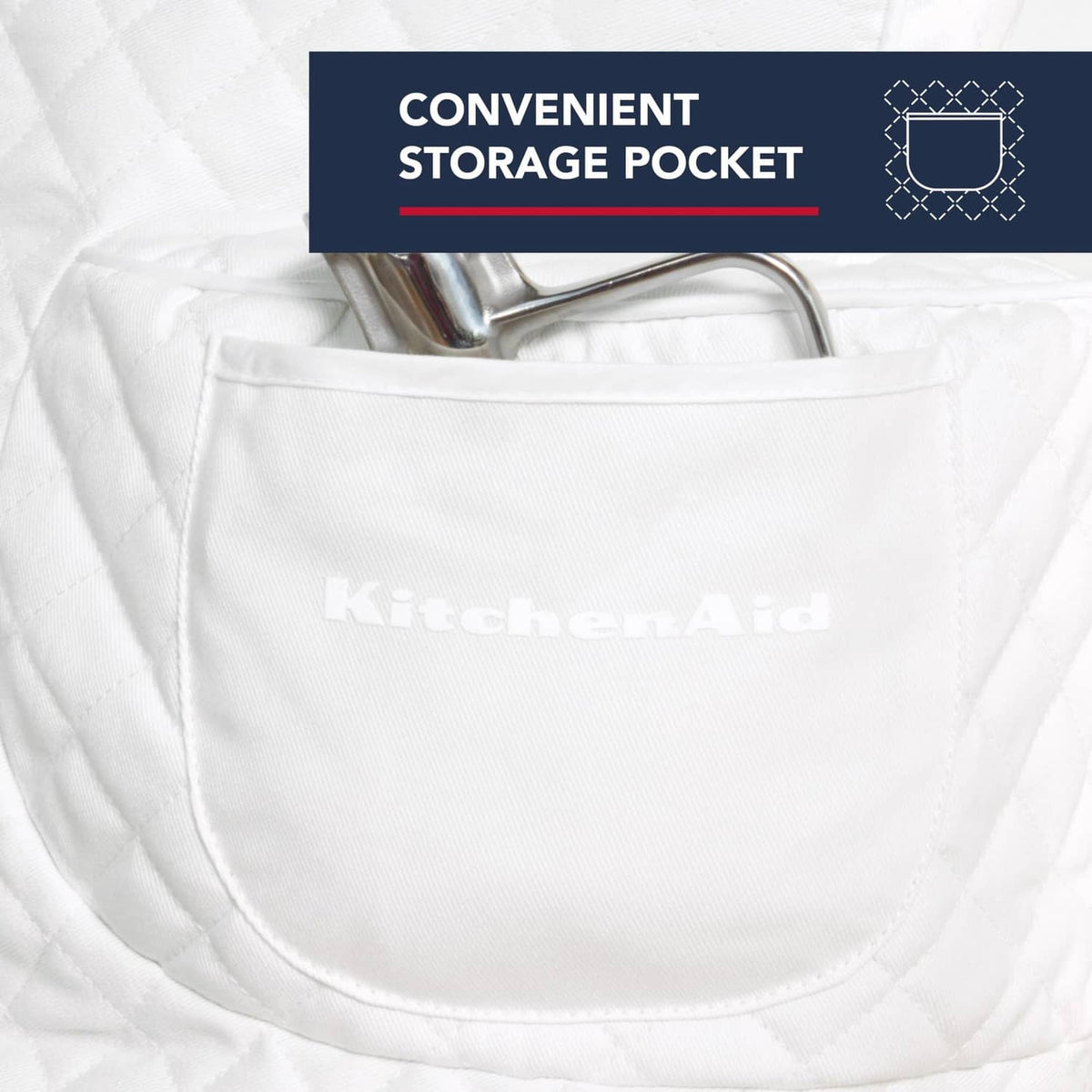 White quilted stand mixer cover with front storage pocket