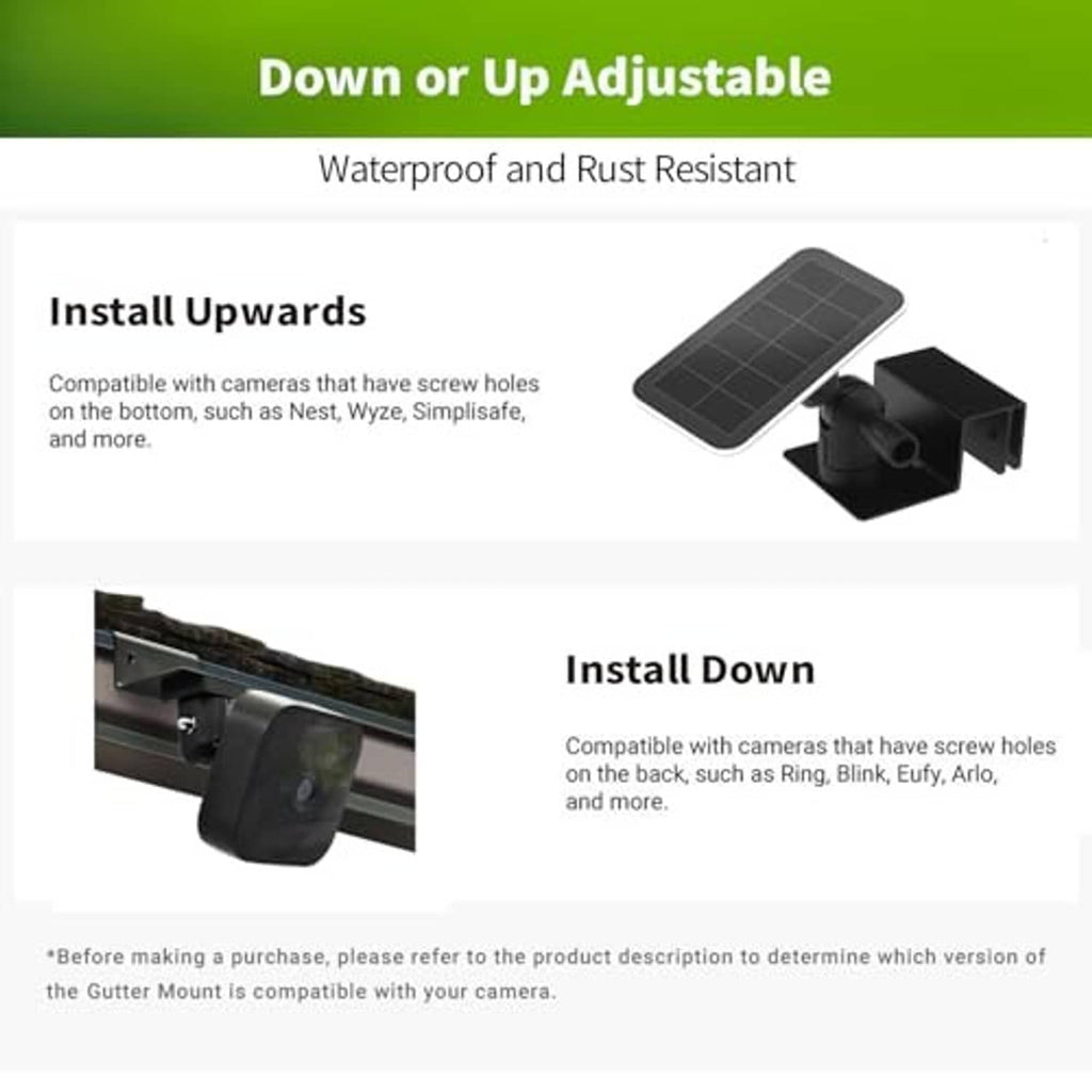 Black gutter mount bracket shown in up or down installation orientation