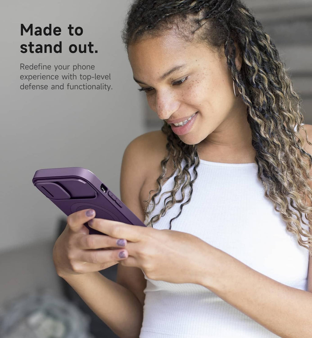 Dark purple iPhone 13/14 case in hand with secure grip