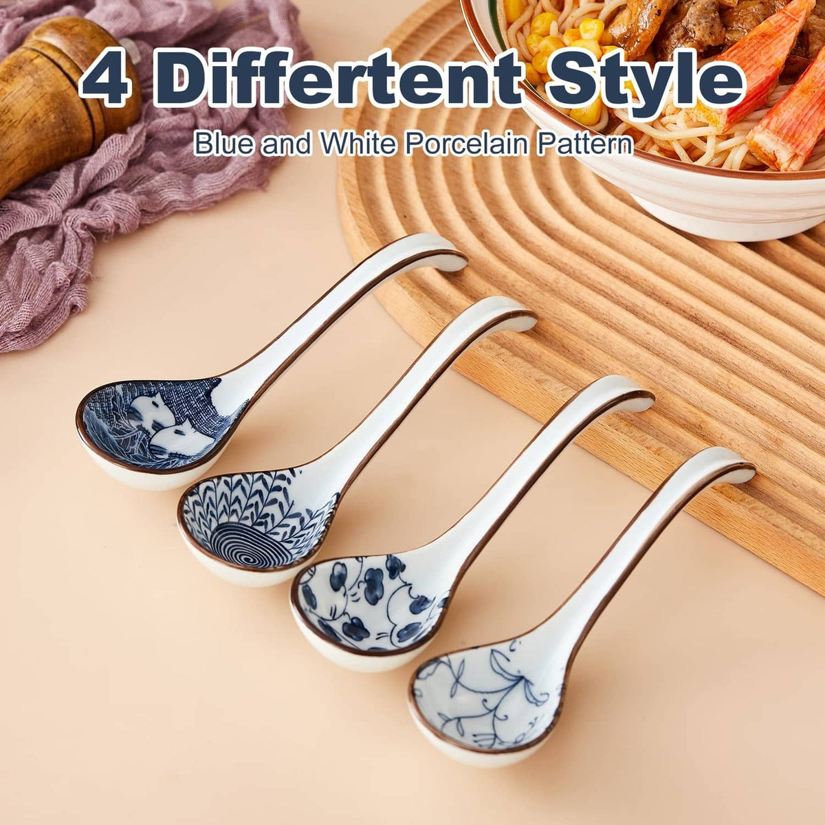 Set of four ceramic soup spoons with blue-and-white porcelain patterns and curved handles