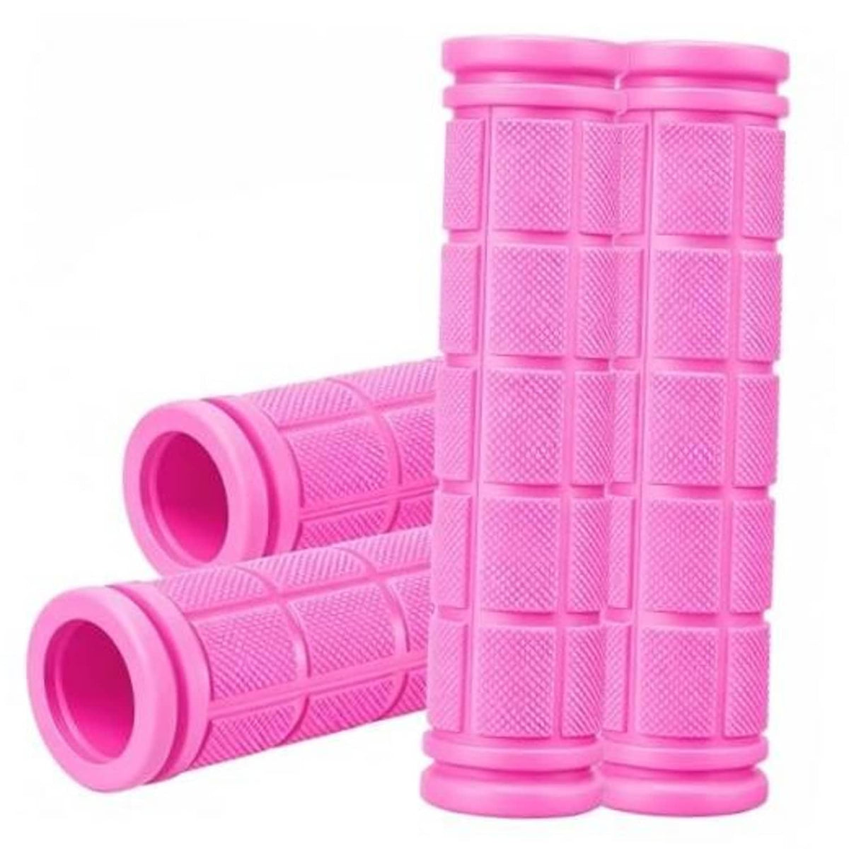 Pink rubber bicycle handlebar grips with textured grid pattern and flared ends