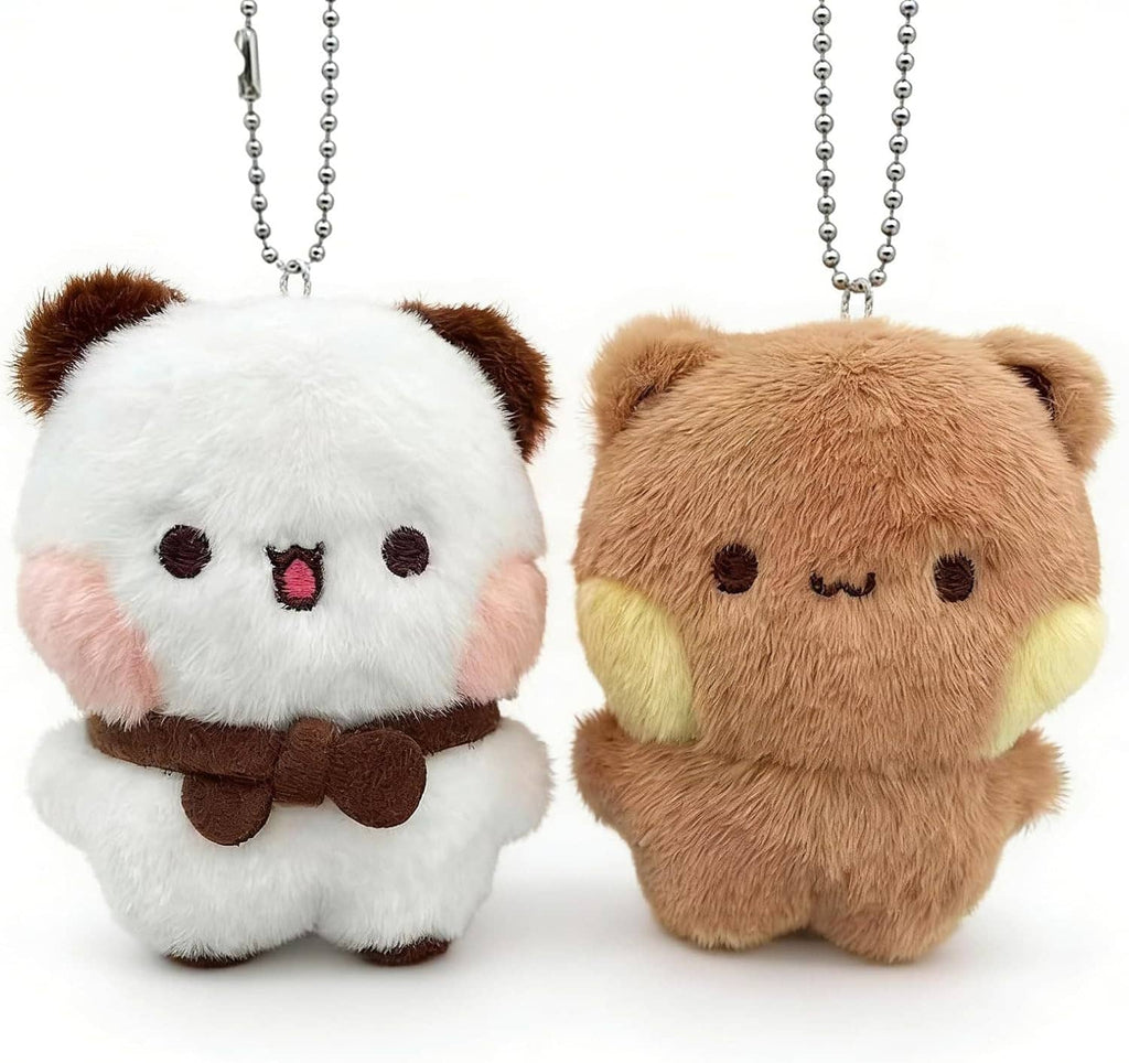Pair of cute magnetic bear plush keychains with beaded chains, white and tan faces