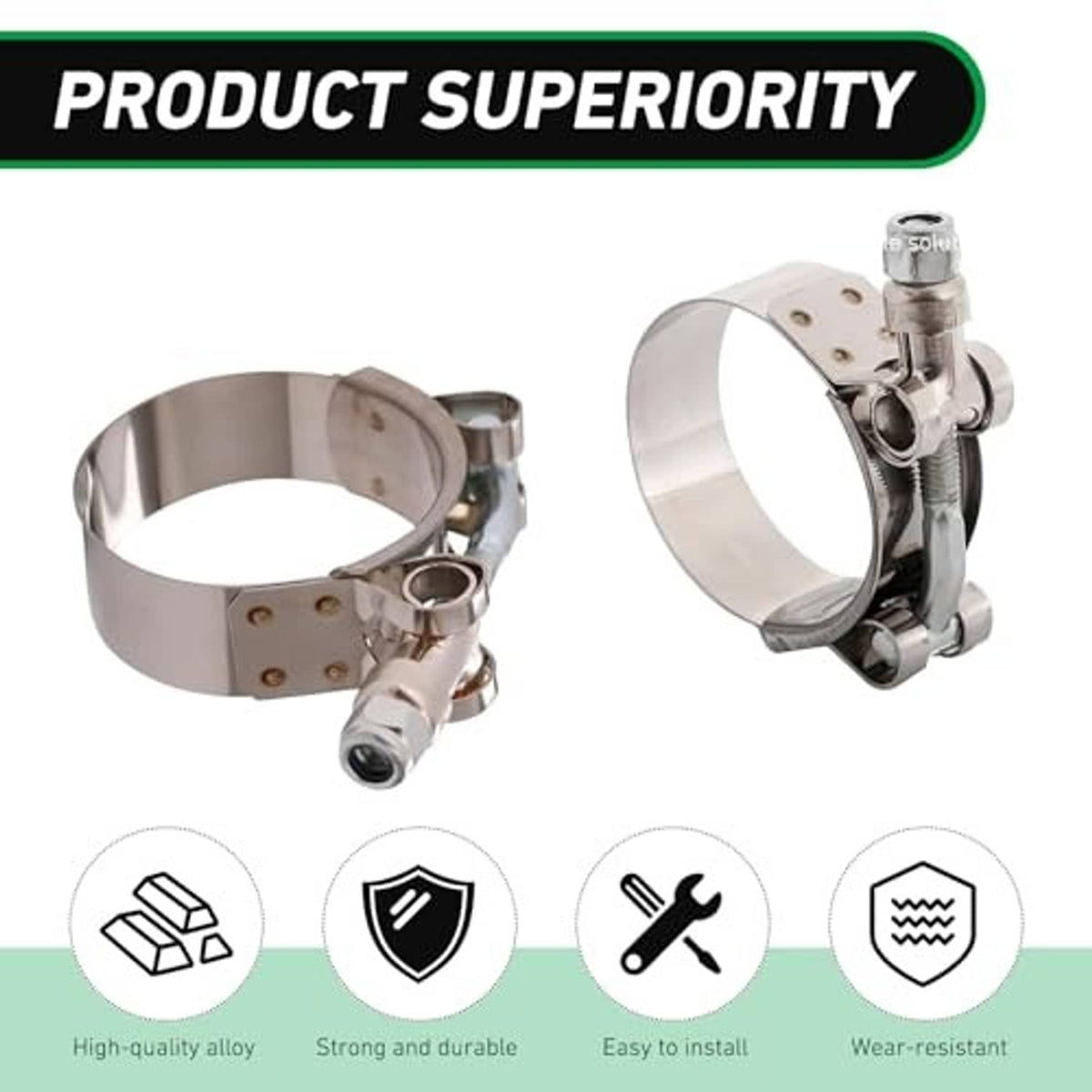 Stainless steel T-bolt hose clamps with wide bands and screw assemblies, front and side views