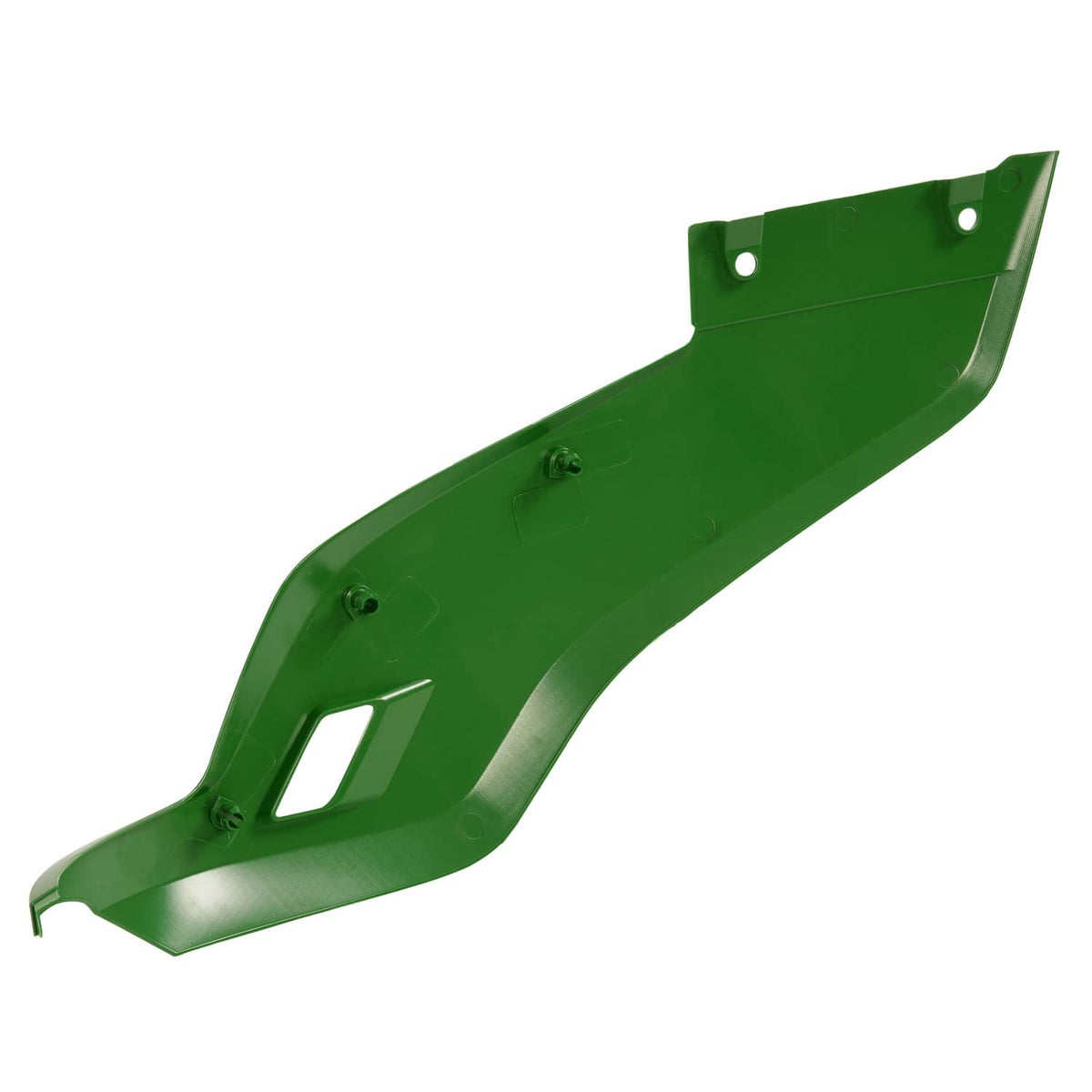 Green mower side panel with curved shape, mounting holes, and rectangular vent opening