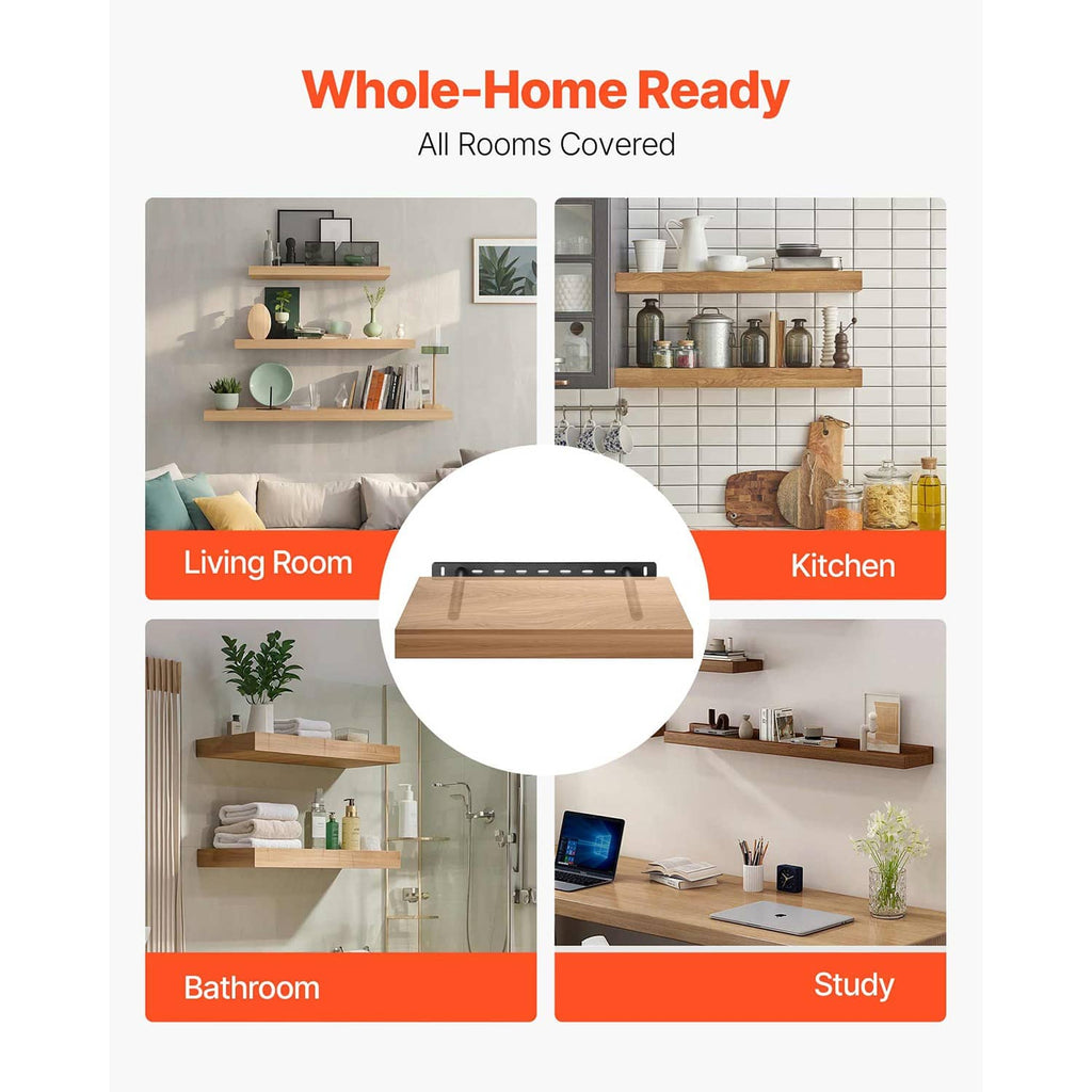 Black floating shelf bracket supporting a light wood shelf board in a room layout