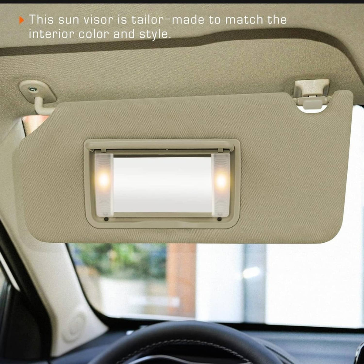 Beige left sun visor with built-in vanity light and mirror on the front panel